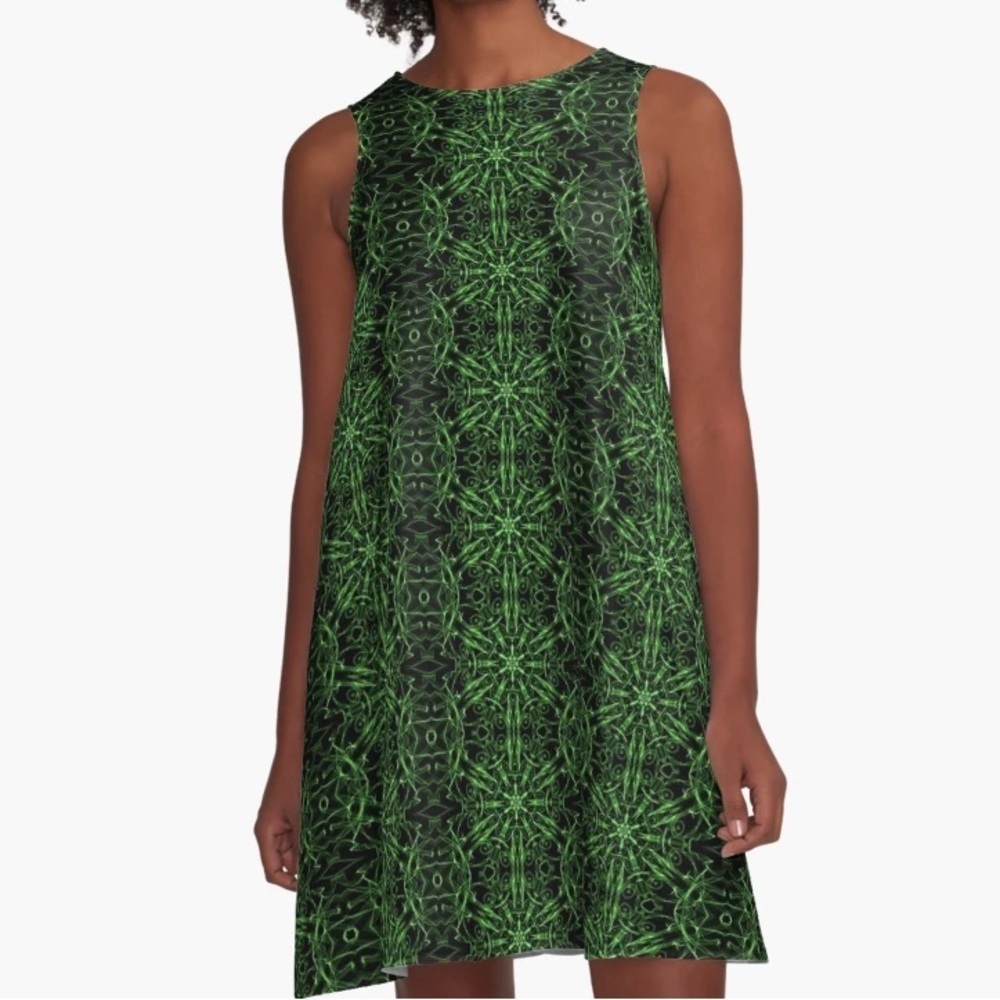NEW- Redbubble Green Abstract Fractal Pattern A-Line Dress 3rd picture is actual